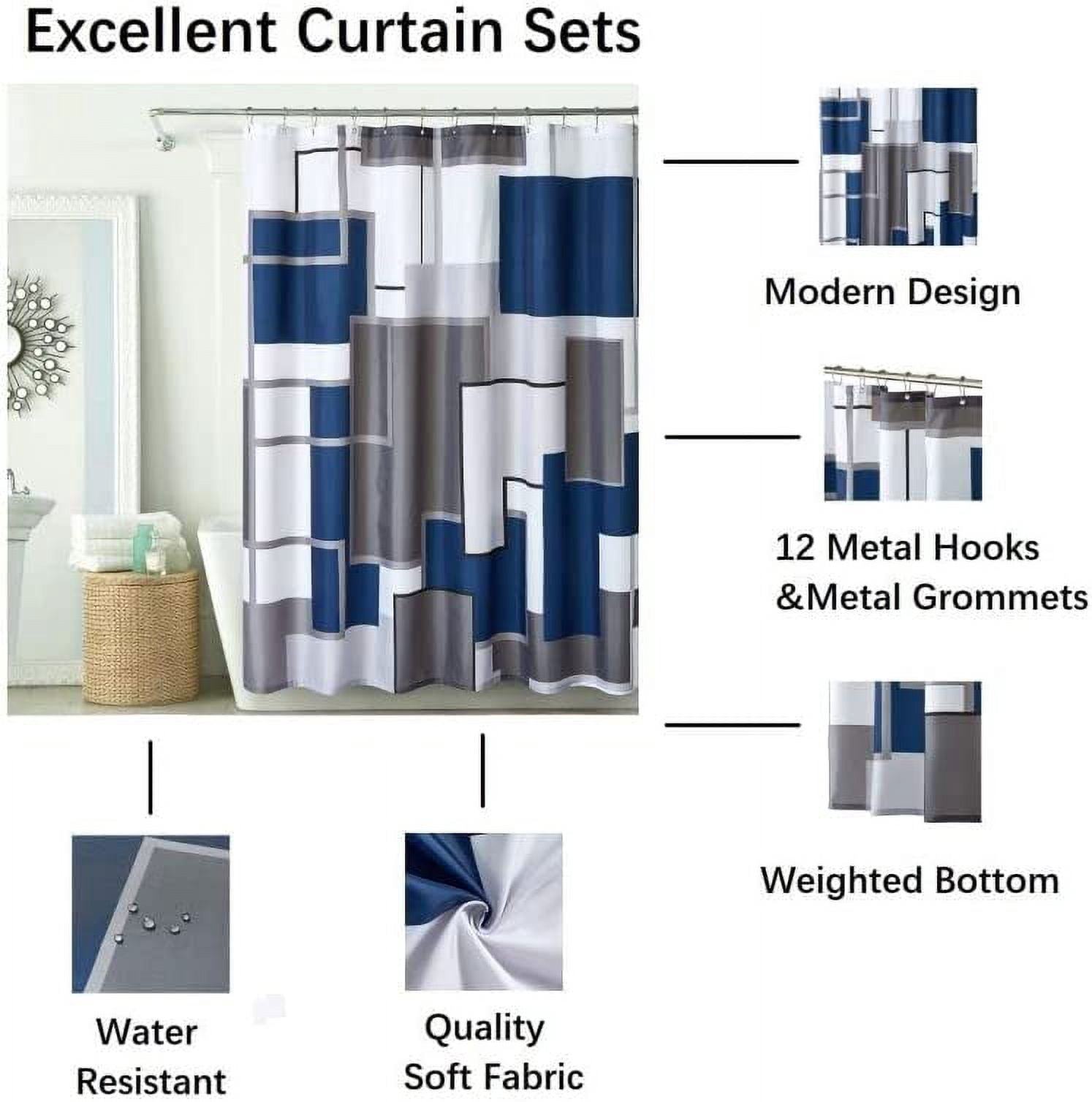 Modern Geometric Shower Curtain Blue,Blue and Black White Waterproof Shower Curtain Set for Bathroom Restroom with 12 Metal Hooks, 72 x 72 inch
