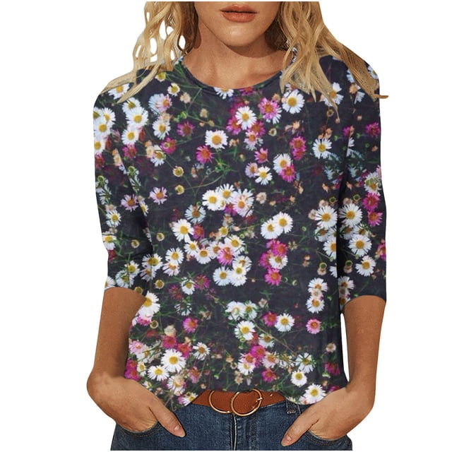 Hauts pour Femmes Décontractés Imprimés Col Rond Manches 3/4 T-Shirt Ample, Hauts Manches 3/4 pour Femmes, Hauts Décontractés pour Femmes, T-Shirts pour Femmes