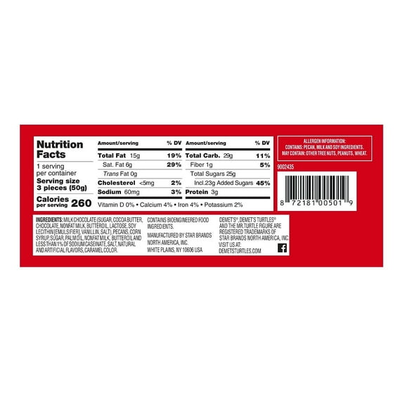 Turtles Original Chocolate covered Pecans Milk Chocolate Candy Bar 1.76 oz. 24/Box (DCC501)