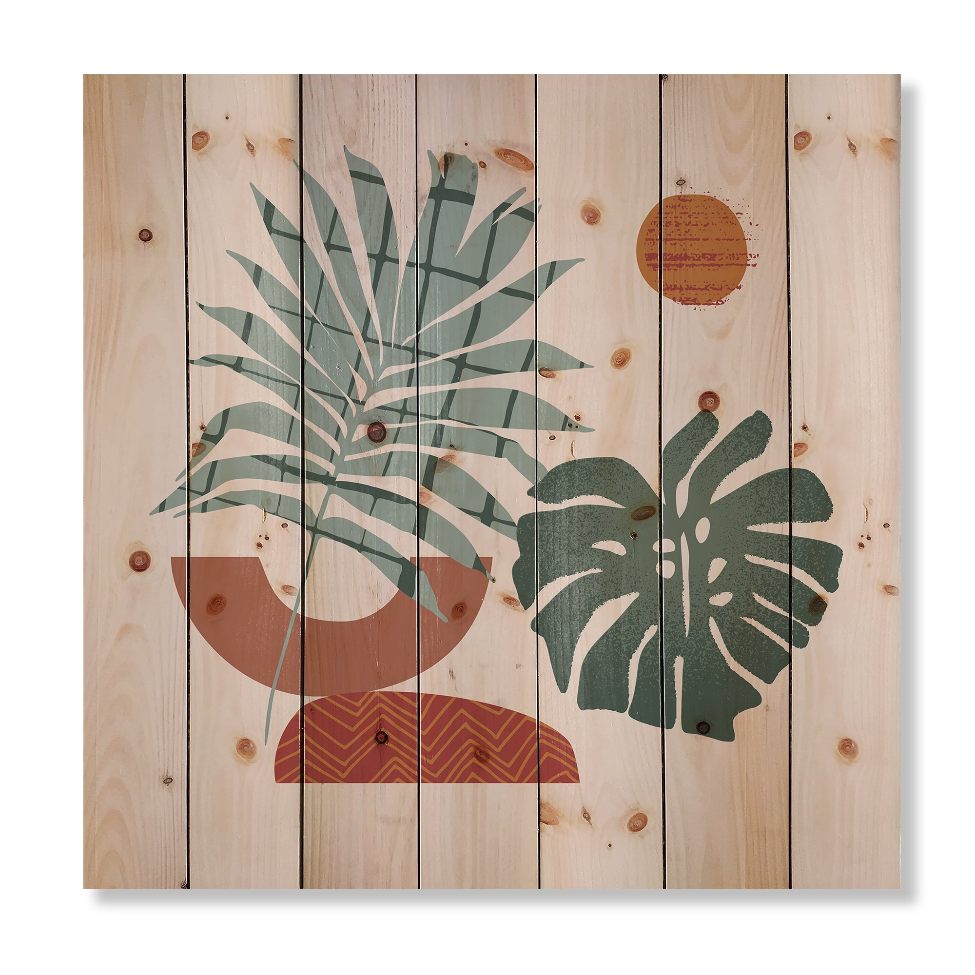 Designart 'Sun and Moon Shapes In Retro Green & Terracotta Tone' Modern Print on Natural Pine Wood