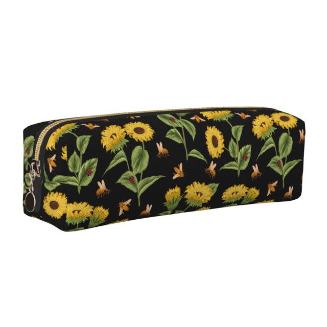 Balery Bees and Sunflowers Estuche de Lápices de Cuero Impreso, Estuche para Suministros de Arte, Estuche de Lápices con Cremallera, Estuche de Almacenamiento de Papelería