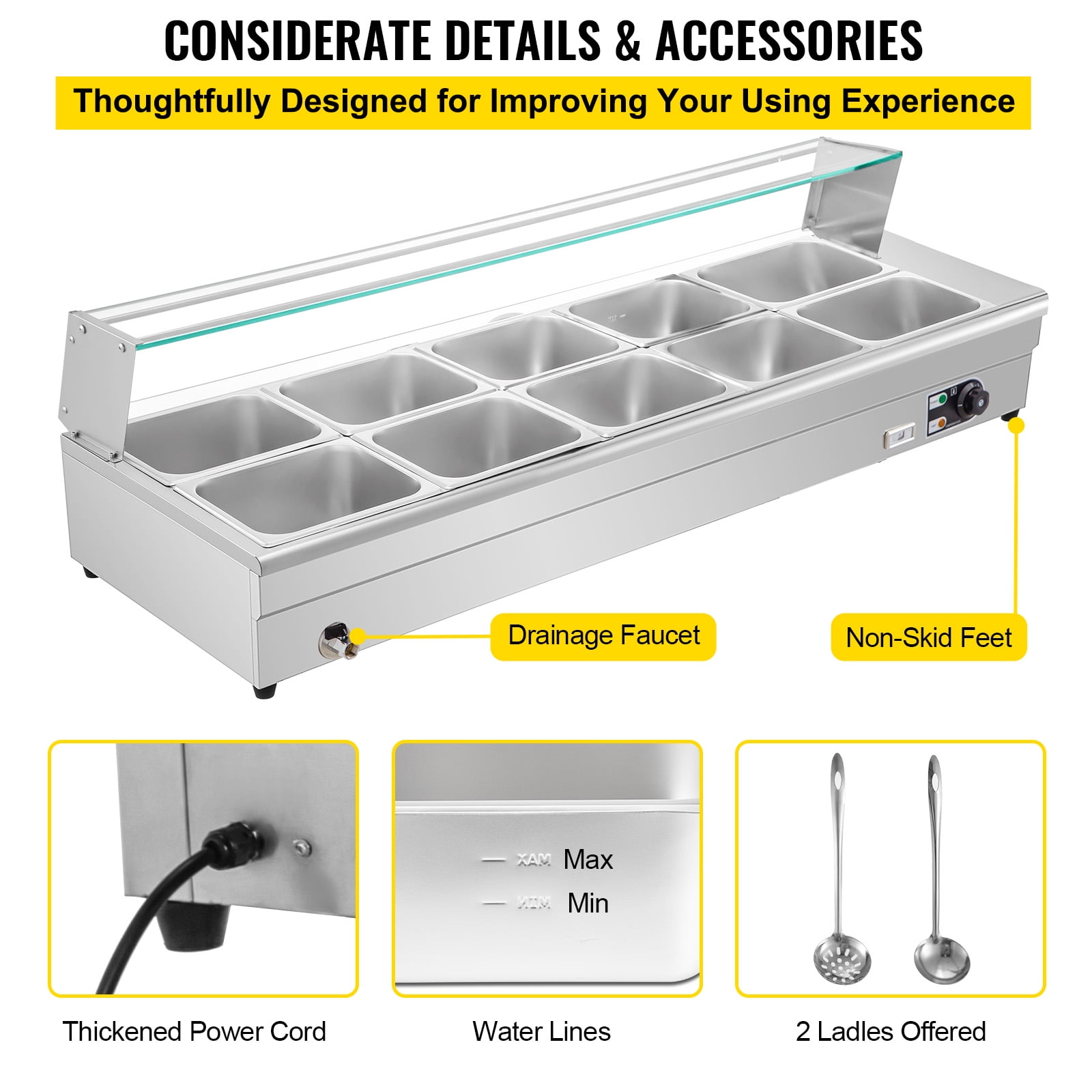 VEVORbrand 110V Bain Marie Food Warmer 5 Pan x 1/2 GN, Food Grade Stainelss  Steel Commercial Food Steam Table 6-Inch Deep, 1500W Electric Countertop Food  Warmer 55 Quart with Tempered Glass Shield - Walmart.com