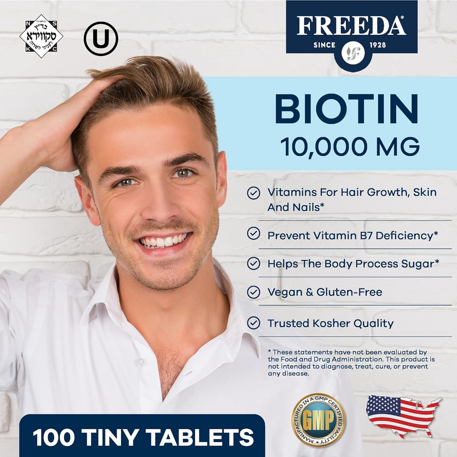 Freeda Biotin 10,000 mcg (10 mg) | Maximum Strength | Hair, Skin & Nails Support | Tiny Tablets | Vegan, Gluten Free | 100 Tablets