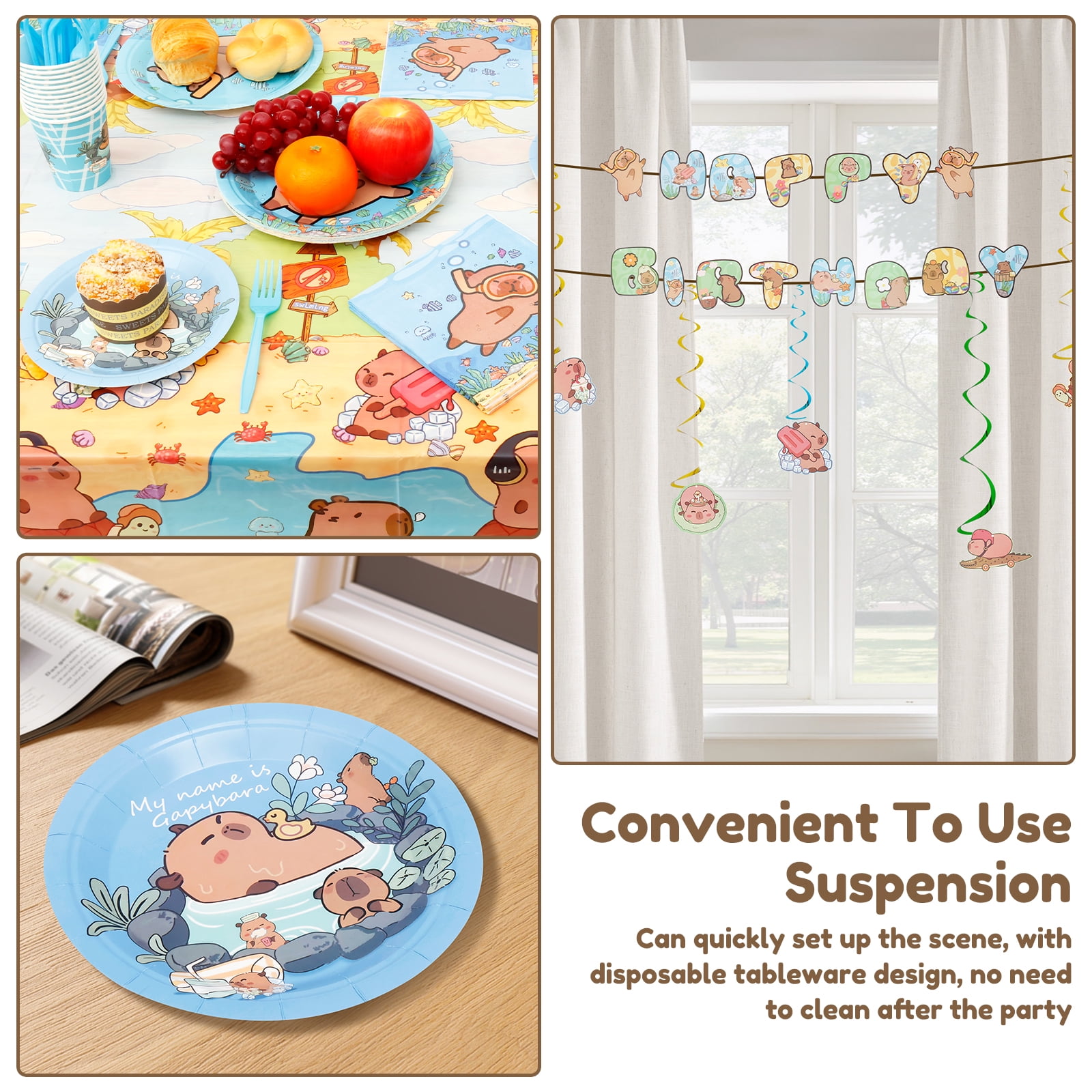 pluokvzr 185pcs Capybara Birthday Decorations Tableware Set Cute Animal Theme Birthday Decor with Banner Balloons Plates for Party Baby Shower