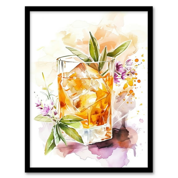 Artery8 Whiskey Smash Blue Basil Cocktail Bar Watercolour Kitchen Art Print Framed Poster Wall Decor 12x16 inch