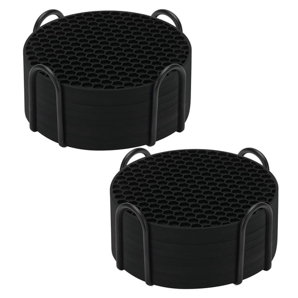Juego de posavasos TWTli de silicona, 16 unidades, con soporte antideslizante, negro