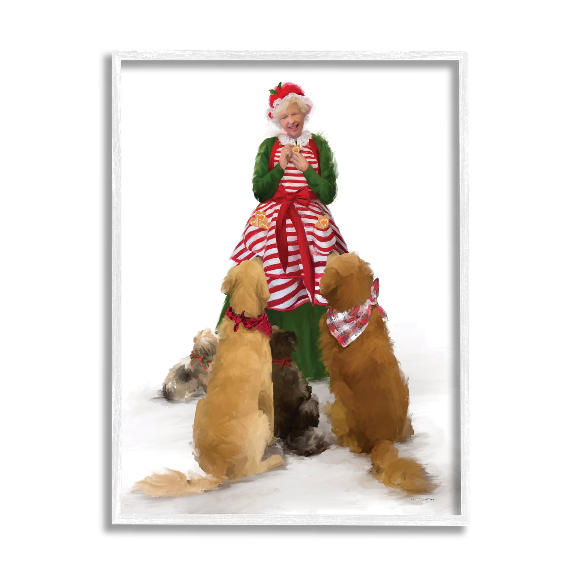 Joyful Mrs. Claus & Dogs Holiday Christmas Illustration Animals & Insects Painting Framed Art Print Wall Art