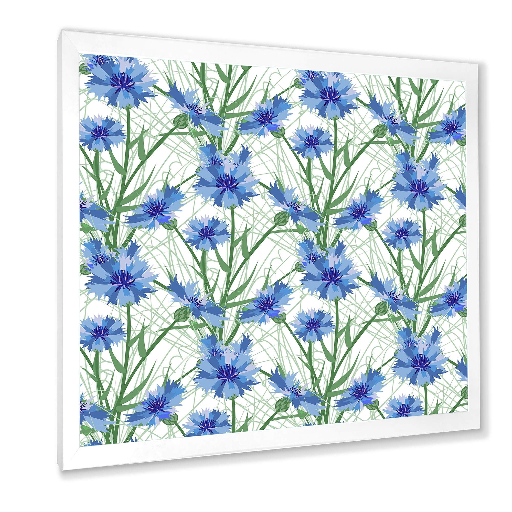 Designart 'Blue Cornflowers With Green Leaves On White I' Traditional Framed Art Print