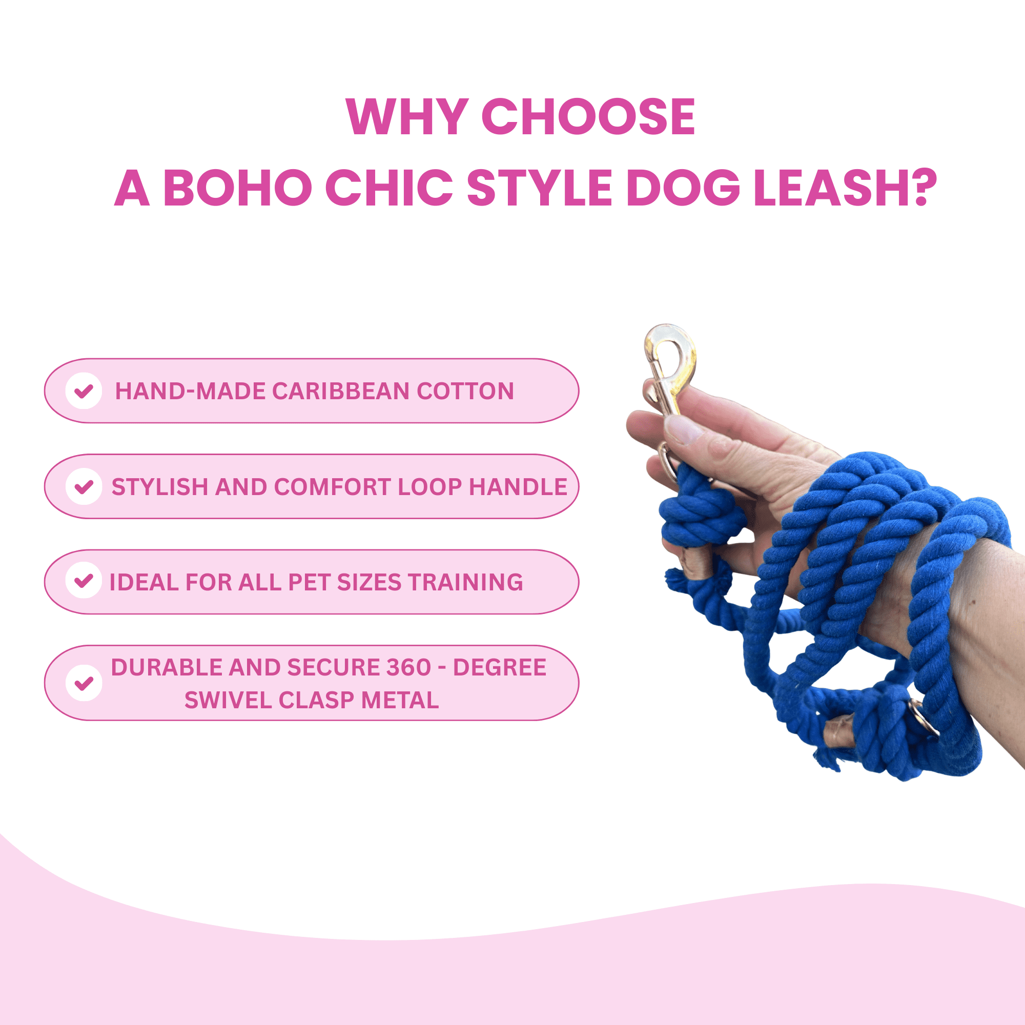 Glow Pups 5 Foot Rope Boho Chic Dog Standard Leash, Blue