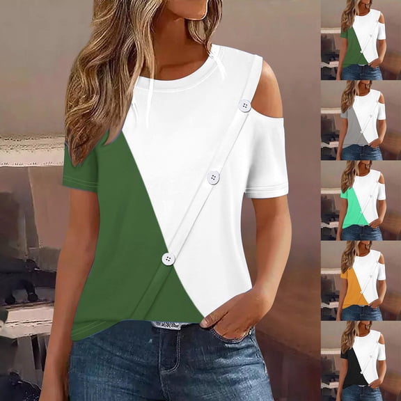 Inverlee Button Up Shirts for Women Casual Cold Shoulder Short Sleeve Tops Cute Loose Fit Solid Color T Shirts Classic Work Tunic Blouse Summer Fashion