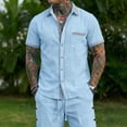 thumbnail image 2 of Men'S Contrast Trim Linen Blend Short Sleeve Button Down Shirt And Drawstring Waist Shorts Set For Summer Beach Vacation And Casual Wear,Sky Blue,XXXL, 2 of 4