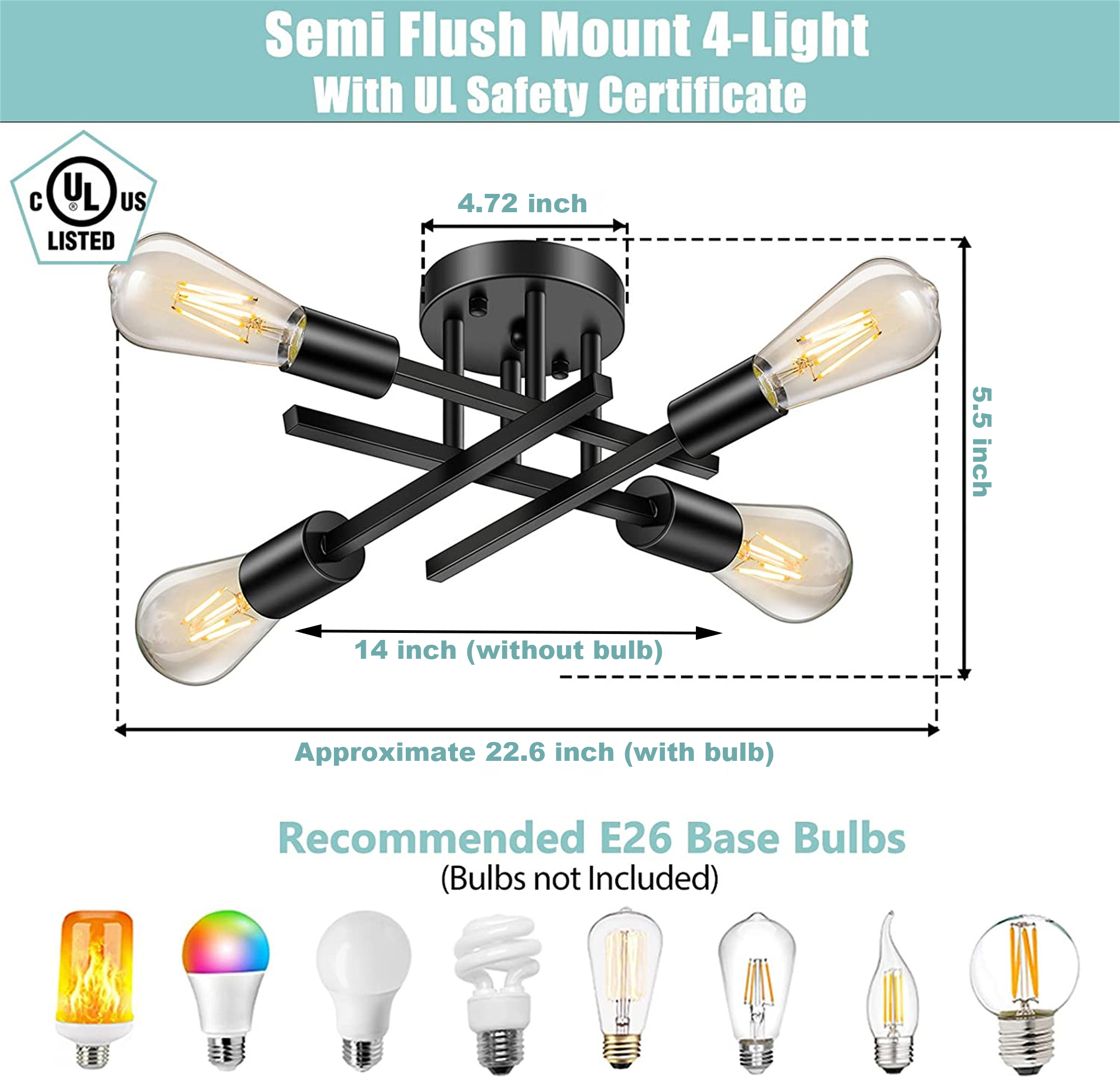 Pynsseu 4-Light Semi Flush Mount Ceiling Fixture, Black photo 2