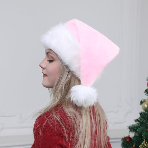 Christmas Hat, Santa Hat, Xmas Holiday Hat for Adults, Super Soft Plush Santa Hat for Xmas New Year Party Headwear Light Pink