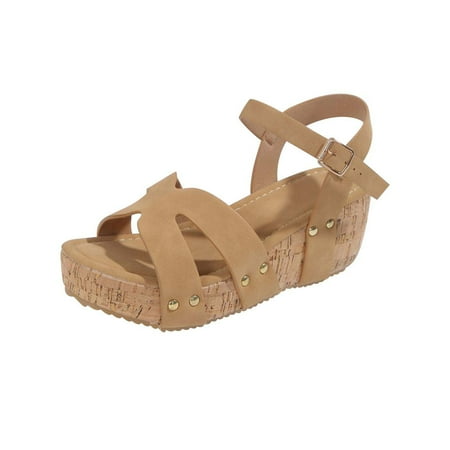 hopeusnice Clearance Women s Wedge Sandals Buckle Ankle Strap Platform Shoes Open Toe Cork Wedge Heels Comfortable Breathable Sandals Khaki 41