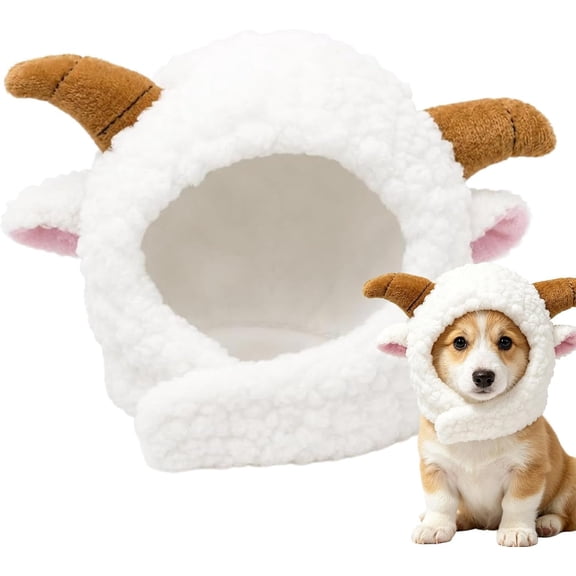 Sheep Costume Hat for Cats and Dogs, Adjustable Plush Pet Hat for Christmas Dress Up and Photos