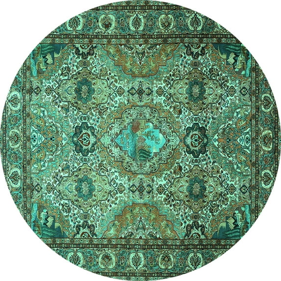 Ahgly Company Machine Washable Indoor Round Persian Turquoise Blue Traditional Area Rugs, 3' Round