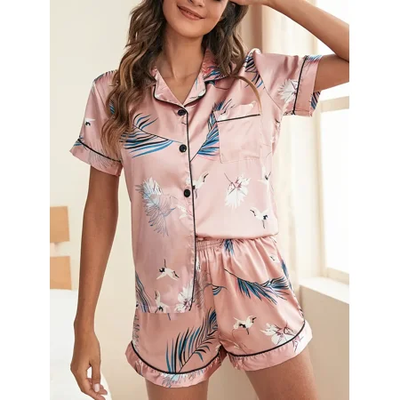 

Valentine‘s Day Women‘s Sleepwear Silk Floral Print Shot Sleeve Pajamas & Shorts Pajama Sets