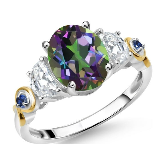 Gem Stone King 925 Silver and 10K Yellow Gold 3-Stone Ring Oval Green Mystic Topaz and Moissanite (2.80 Cttw, Size 7)
