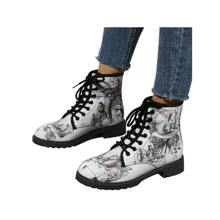 

SIMANLAN Unisex Ankle Bootie Lace Up Fashion Boots Floral Work Boot Holidays Slip Resistant Short Booties Outdoor Mid Block Heel Winter Shoes White 7
