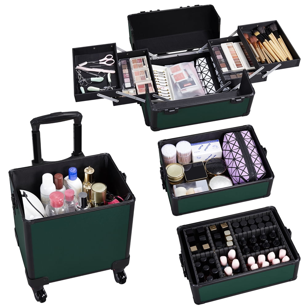 Renwick 4-in-1 Large Professional Folding Cosmetic Case with Brush Bag, Dark Green