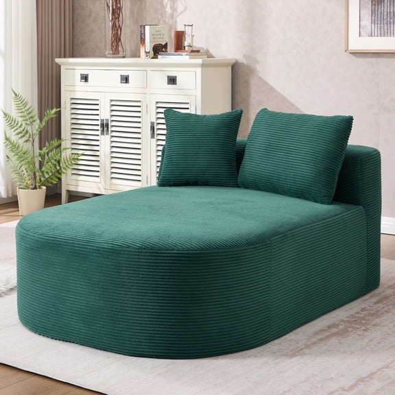 UHOMEPRO Oversized Chaise Lounge Sofa, Corduroy Chaise Lounge Chair with 46 Inch Wide Seat, Deep Seat Boneless Couch Floor Sofa Bed with 2 Pillows, No Assembly, Green