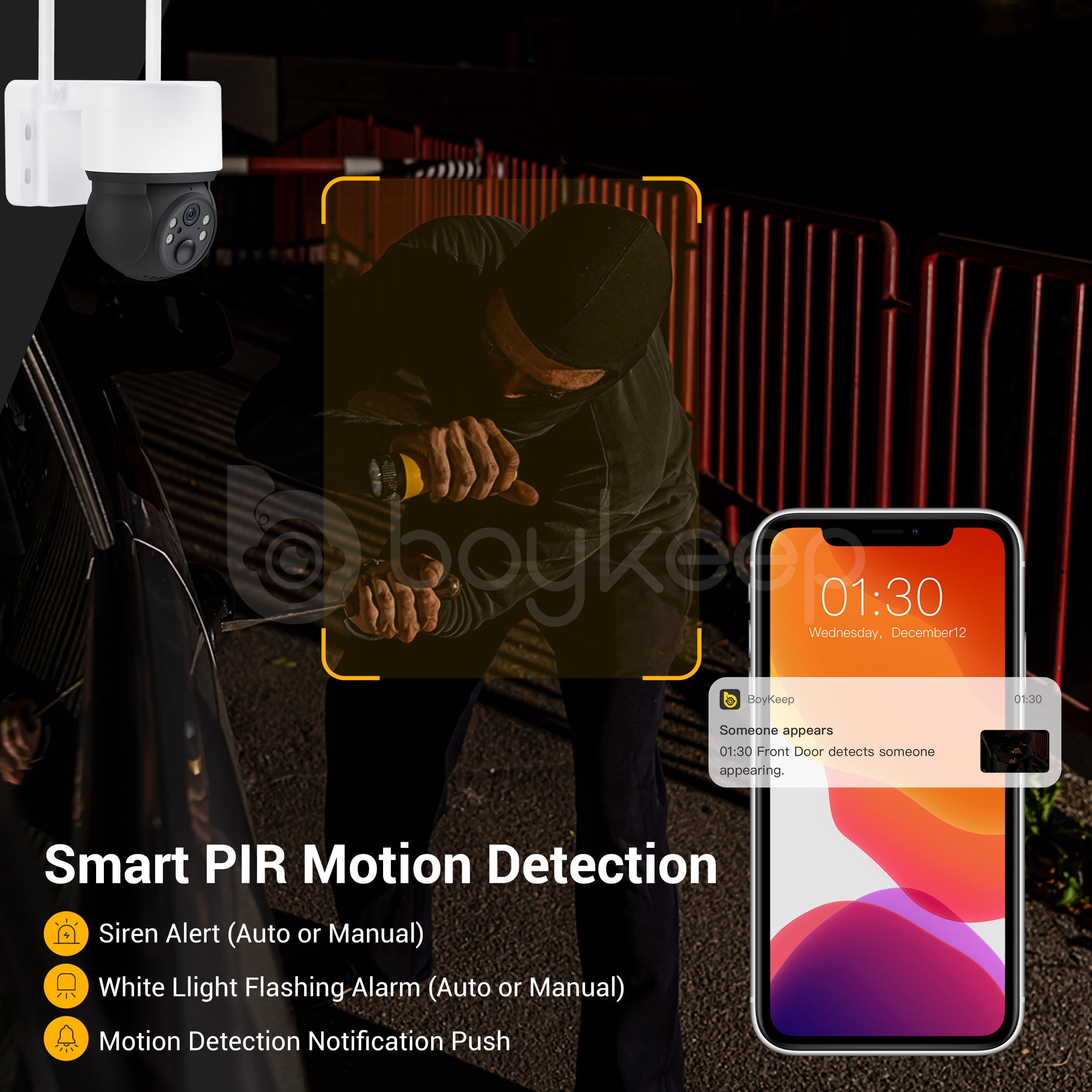 BoyKeep 3MP Solar Security Camera, Wireless Outdoor Waterproof 2.4G WIFI ,360° View, Color Night Vision, 2-Way Audio, PIR Detection,Rechargeable Battery