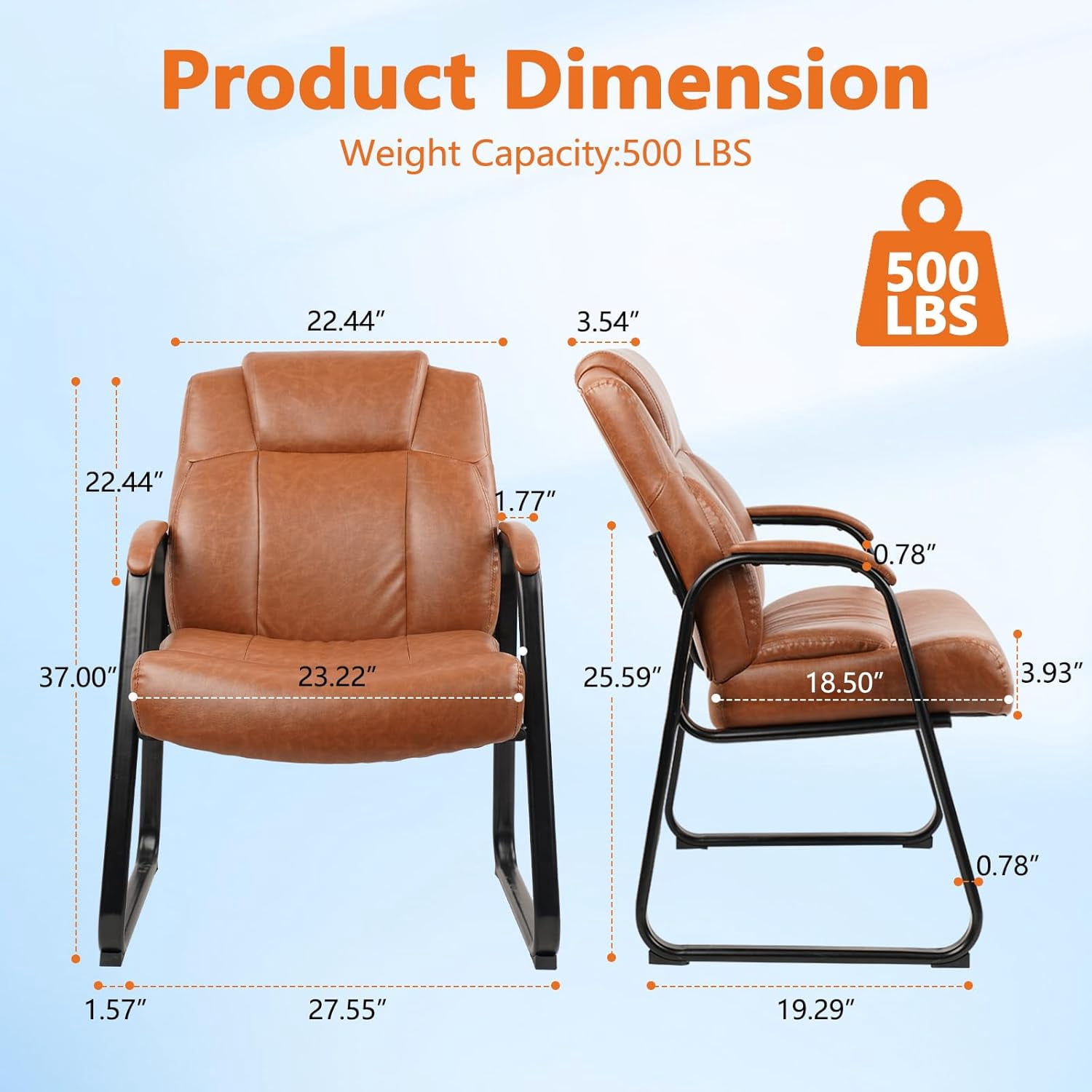 CLATINA Big & Tall 500 lb. Guest Chair, PU Leather Office Reception Chairs with Sled Base, Desk Chair No Wheels for Waiting Room Conference Lobby Computer Living Room, Brown