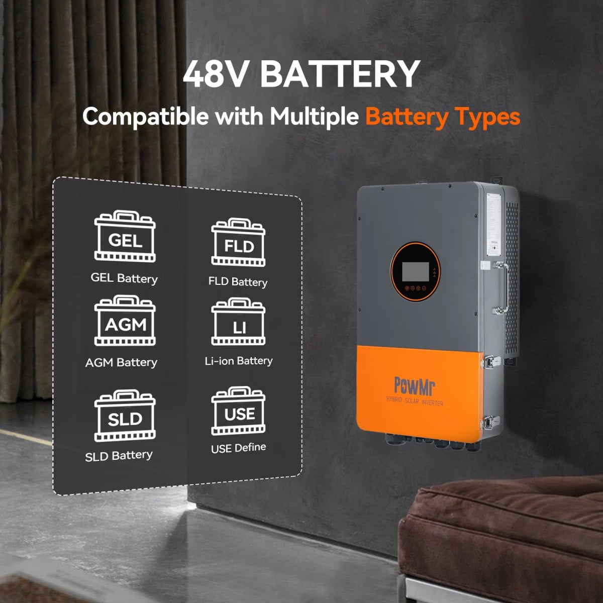 PowMr 12KW 48V Hybrid Solar Inverter 120/208/240V Split Phase ON/OFF Grid 200A MPPT Controller Max PV 450V For Flooded Lead-acid Sealed Gel Lithium Battery
