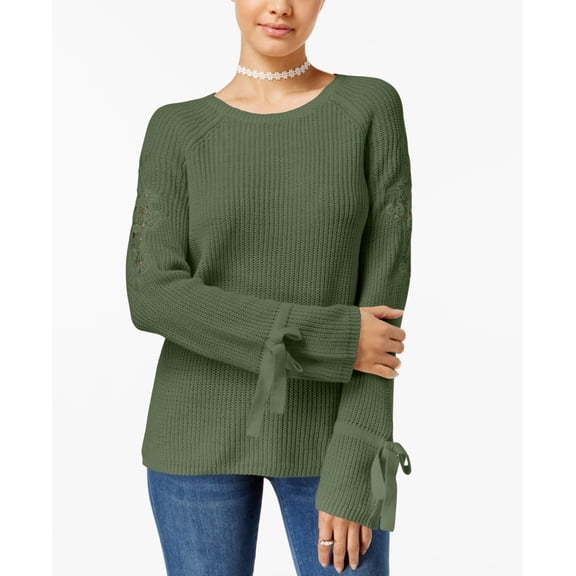 Freshman Juniors' Ribbed Lace-Inset Sweater Sage Garden L