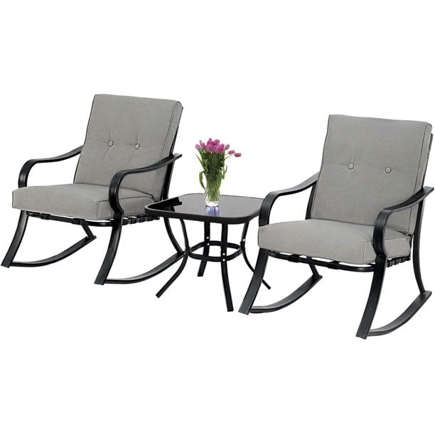 Two Chairs with Glass Coffee Table Solaura Outdoor Furniture 3-Piece Rocking Wicker Patio Bistro Set Black Wicker with Beige Cushions 