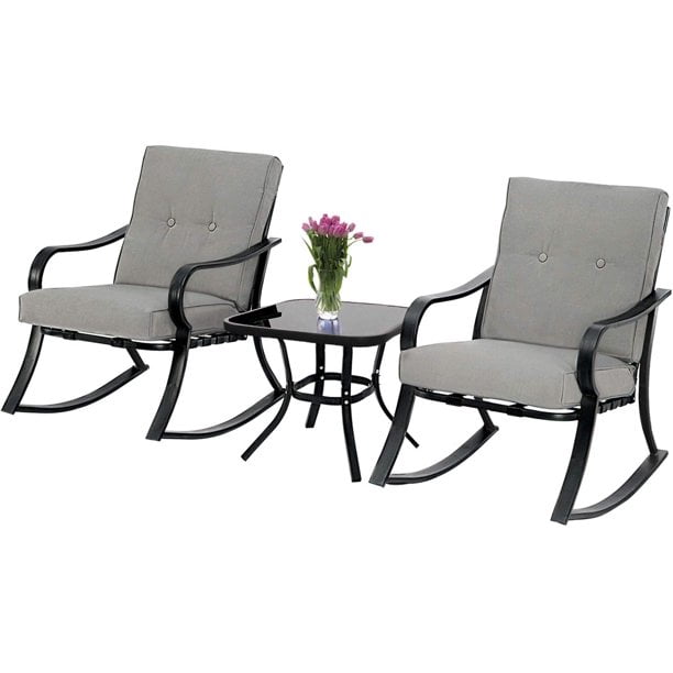 Suncrown Outdoor 3 Piece Rocking Chairs, Black Metal Outdoor Lounge Furniture