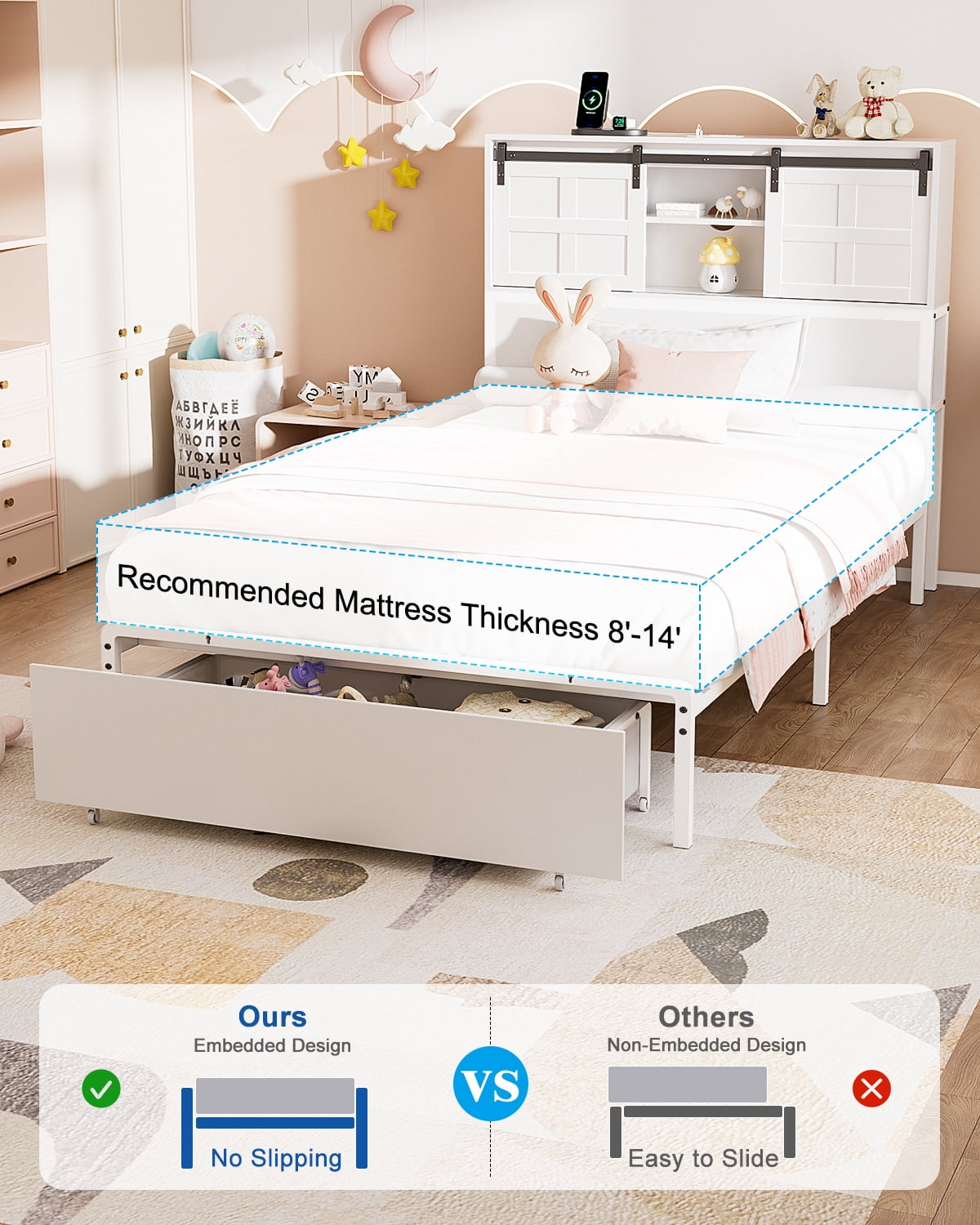 Twin Bed Frame with Storage Headboard & Drawer, 3-in-1 Charging Station, Sturdy Metal Frame, No Box Spring Needed, Noise-Free, Non-Slip Design –(White)