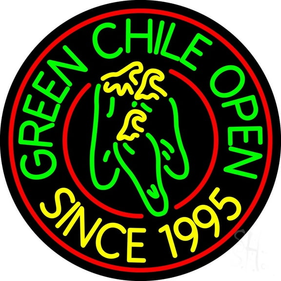 Green Chili Open Circle LED Neon Sign 18 x 18 - inches, Clear Edge Cut Acrylic Backing, with Dimmer - Bright and Premium built indoor LED Neon Sign for restaurant window and interior decor.