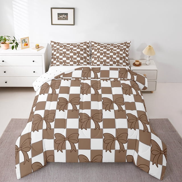Erosebridal Ensembles de Literie Kawaii à Nœud Papillon avec Couette, Insert de Couette à Carreaux Bruns, Réversible 2 Pcs