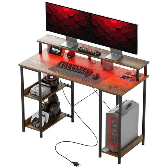 Topcobe 47" Reversible Computer Table with Power Outlets and LED Lights, Computer Desk with Storage, Modern Furniture for Indoor, Rustic Brown