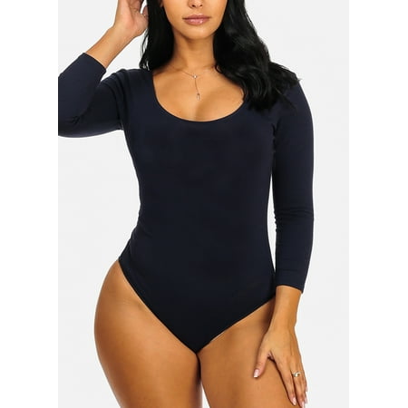 Basic Casual Cotton Spandex Womens Juniors Must Have 3/4 Sleeve Scoop Neck Solid Navy Bodysuit 20461U