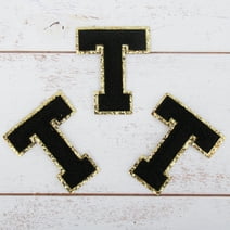 3 Pack Chenille Iron On Glitter Varsity Letter "T" Patches - Black Chenille Fabric With Gold Glitter Trim - Sew or Iron on - 8 cm Tall