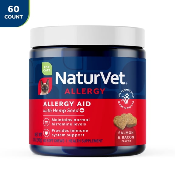 NaturVet Allergy Aid with Hemp Seed Allergy Supplement for Cats, Salmon and Bacon Flavor, 60 Count