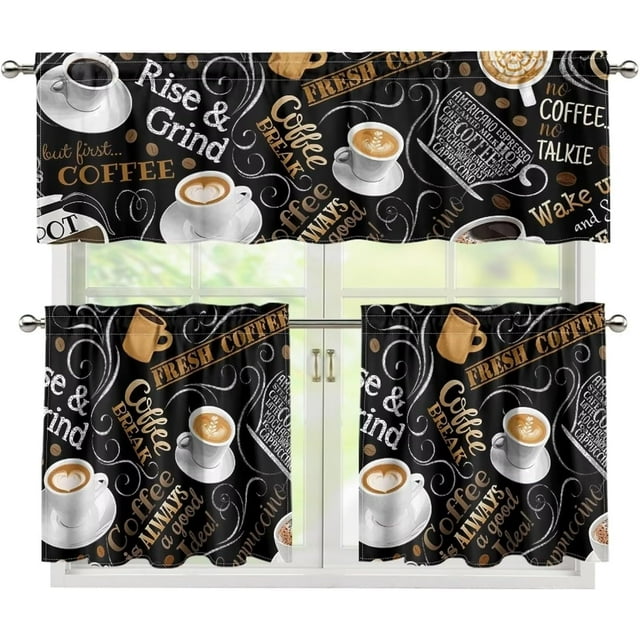 Coffee Theme Kitchen Curtain Valance and Tiers Set Small Window Treatment Valance Curtain Insulated Drapes with 2 Tiers Curtains for Kitchen Bathroom Living Room