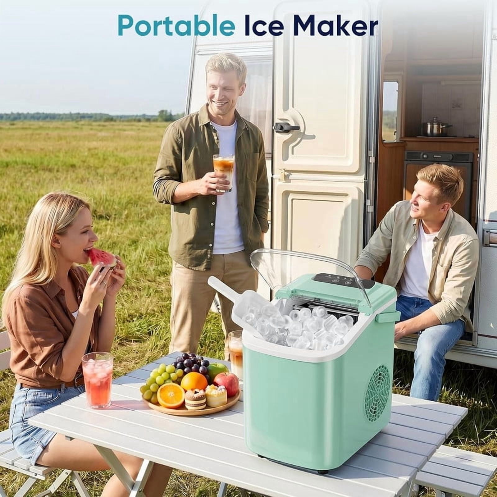 Simenmax Ice Maker Countertop – 26lbs Desktop ice maker with Handle for Home, Kitchen, Office, Outdoors, RV, Camping, Green