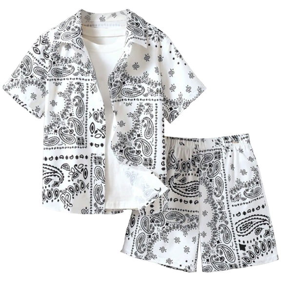 Staki Children's Beach Shirt Set Boys 2 Pieces Summer Beach Outfits Short Sleeve Button Down Shirts and Shorts Vacation Texture Sets for Kids 6Y 7Y 8Y,White 9-10 Years