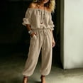 thumbnail image 2 of Ygbgbb Womens Off Shoulder 3/4 Sleeve Drawstring Waist Jogger Jumpsuit with Side Pockets for Vacation Khaki M, 2 of 3