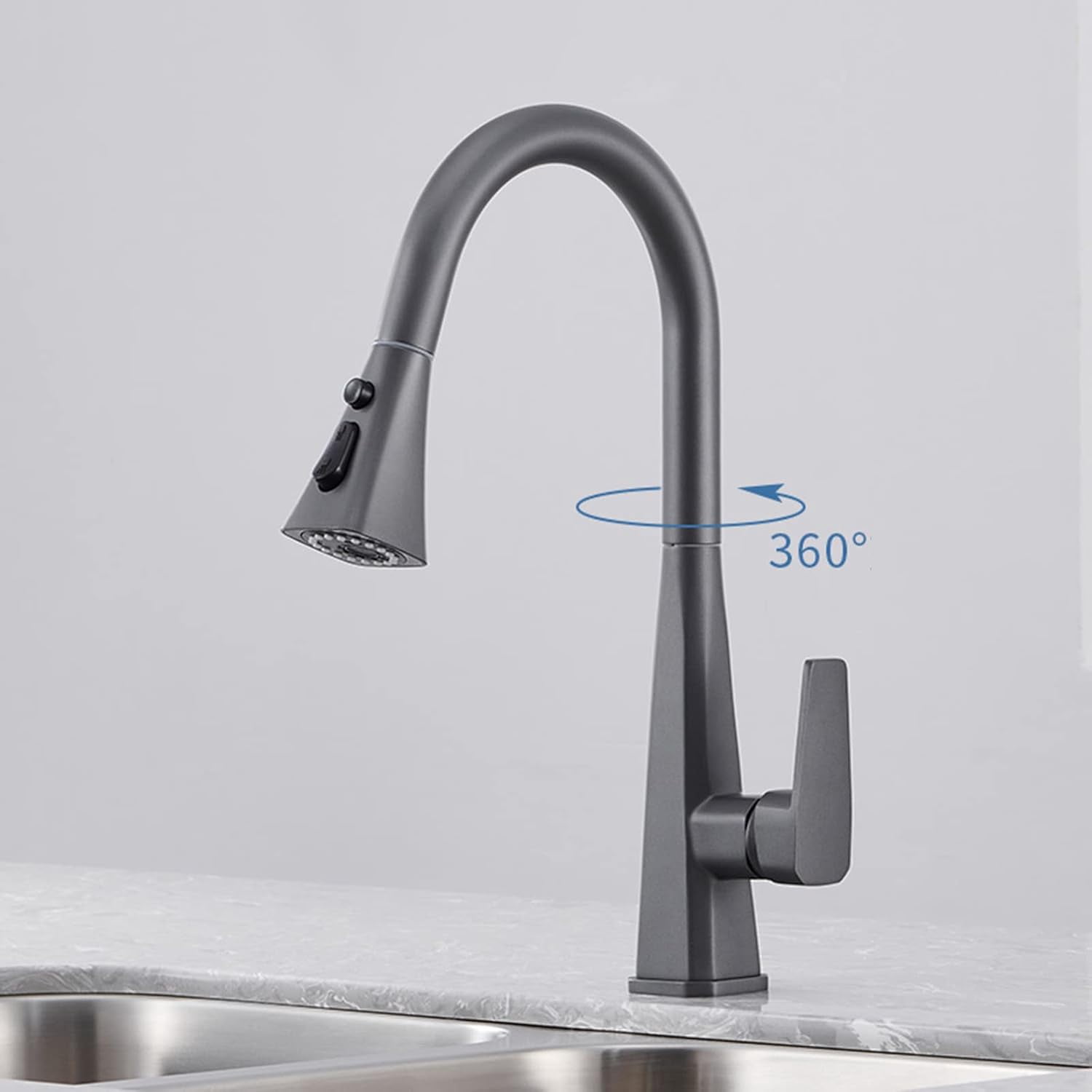 Kitchen Faucet with Pull Out Spray, Kitchen Sink Mixer Faucet Swivel Retractable Hot Water and Cold Water Brass Kitchen Sink Faucet Grey