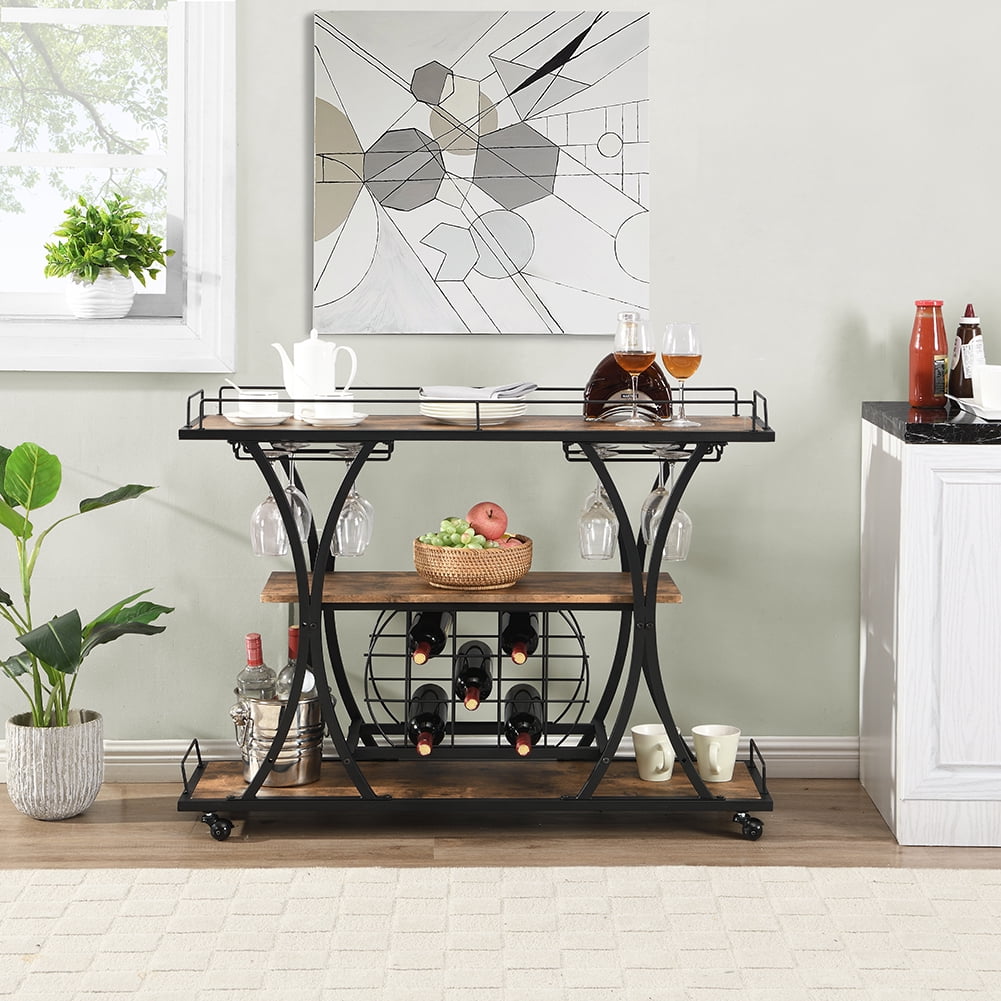 Kepooman Bar Carts, Industrial Bar Cart with Wine Rack and Glass Holder for Home, Black Kepooman Bar Carts, Industrial Bar Cart with Wine Rack and Glass Holder for Home, Black
