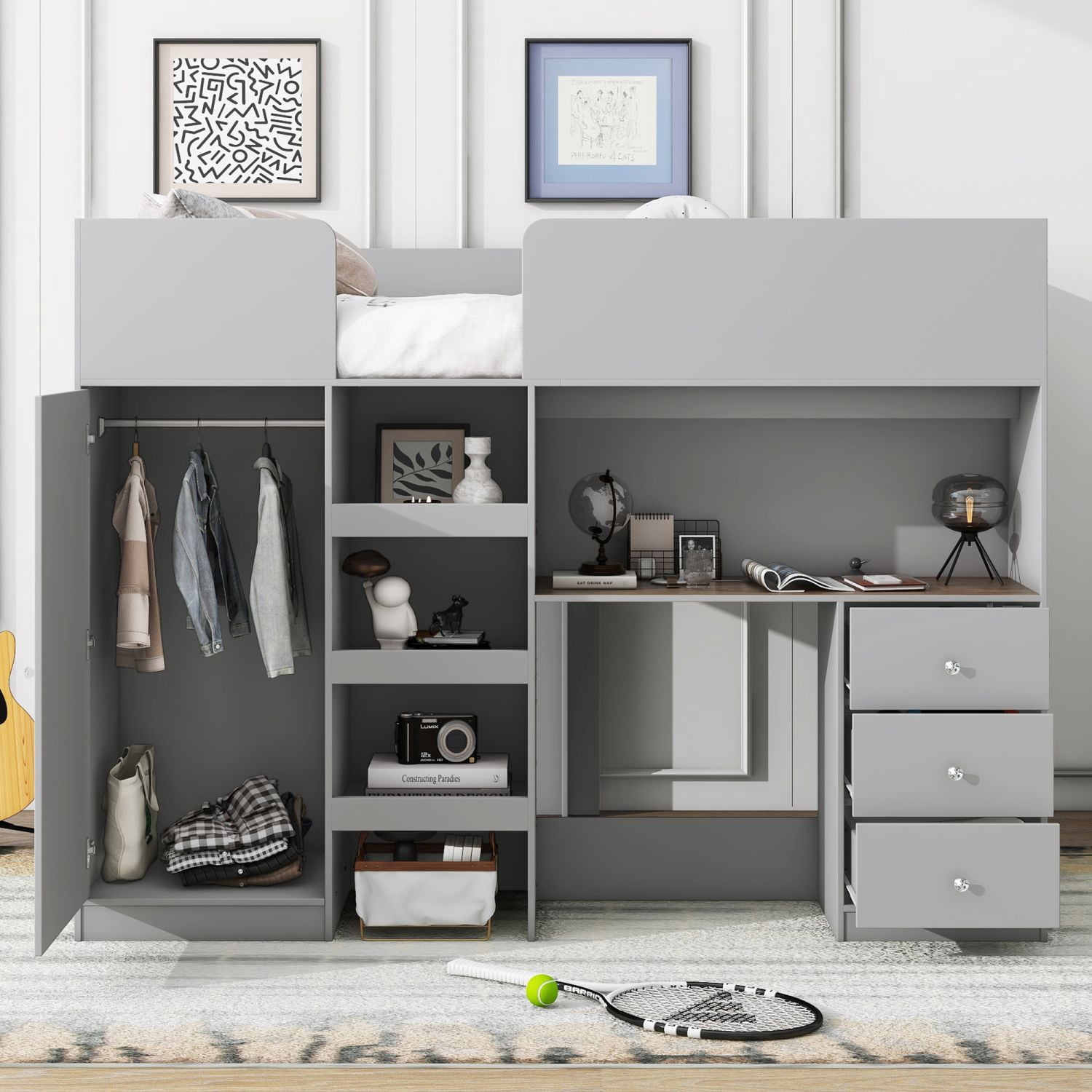 Full Size Loft Bed Frame with Built-in Wardrobe, Desk, 3 Drawers and Storage Shelves, Wood and MDF, No Box Spring Required