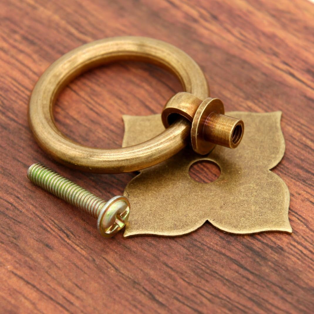 ABCISI 6 PCs Pure Copper Ring Pulls - Vintage Antique Brass Ring Pulls with Four-Leaf Clover Shaped Base - Pure Solid Brass Core - Ring Size 1.4" (3.5 cm)