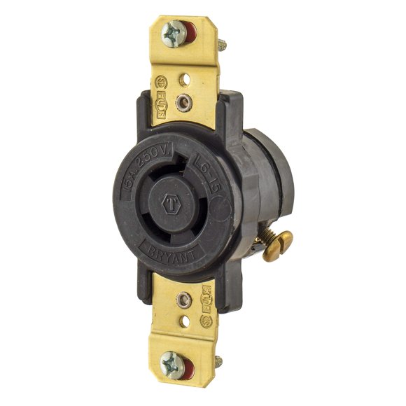 Bryant Electric 70615FR Industrial Grade Locking Receptacle, 2-Pole, 3-Wire, Nema L6-15R, 15 Amp, 250V, Black