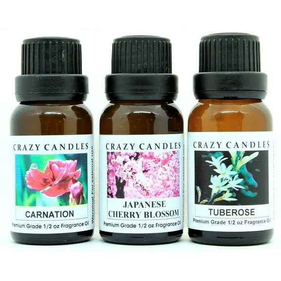 Crazy Candles 3 Bottle Set, 1 Carnation, 1 Japanese Cherry Blossom, 1 Tuberose 1/2 fl oz Each (15ml) Premium Grade Scented Fragrance Oils