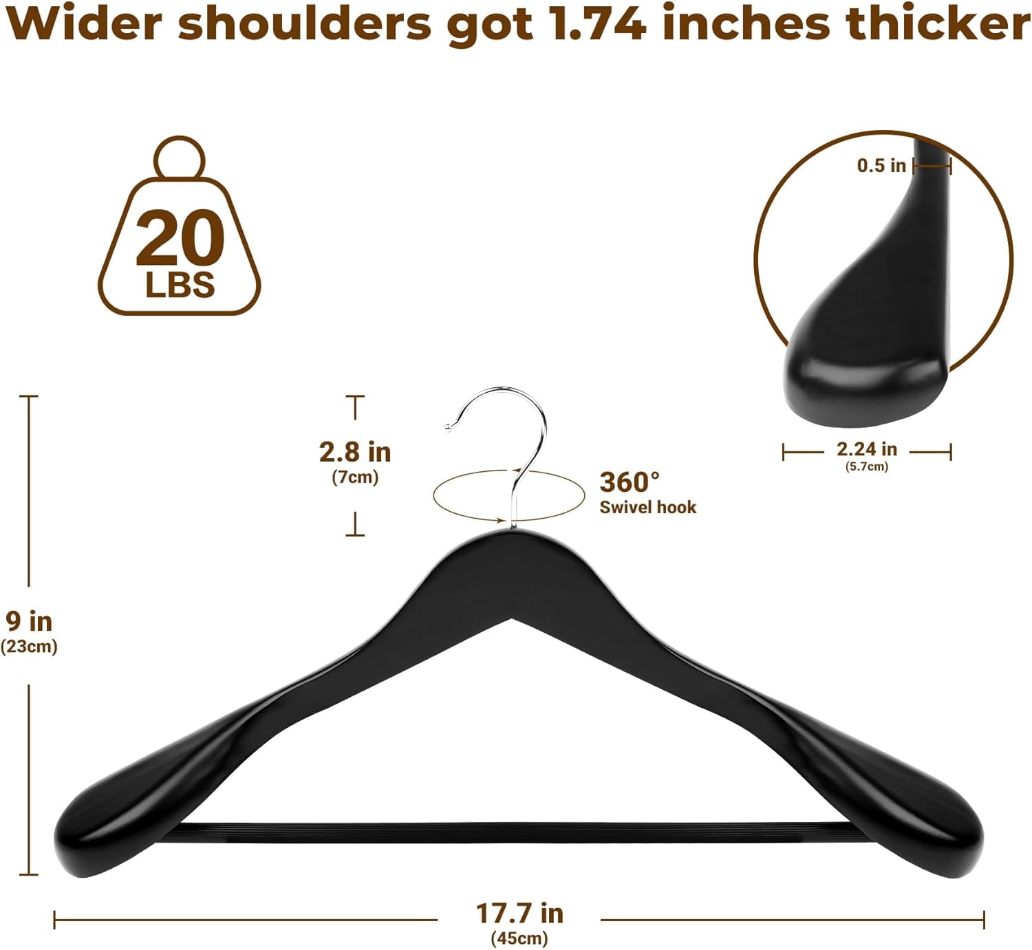 Wood Hangers Trouser Hangers Extra Wide Shoulder Wooden Hangers for Heavy Coat, Sweater, Skirt, Suit, Pants, Retro Finish