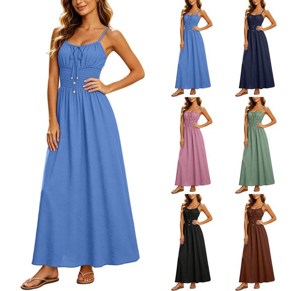 Hulanddfd Women's Dress Summer Camisole Ruched Front-Tie Button Cinched Waist Solid A-Line Maxi Dress Blue Size L